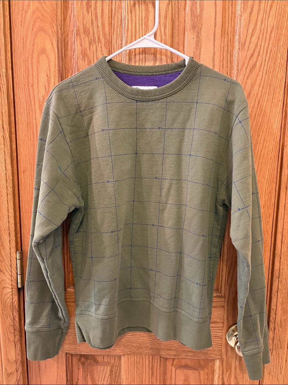 Champion Olive Crewneck Sweatshirt with Purple Stripes